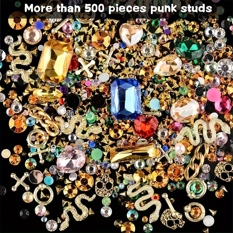 300 Pieces Of Y2K Black Golden Silvery Punk Cone Rivet 3D Golden Skull Cross Chain Snake Pattern Retro Alloy Golden Nail Pendant Glass Pointed Bottom Gem Resin Water Drill Female Girl Golden Nail DIY Nail Art Decoration Set